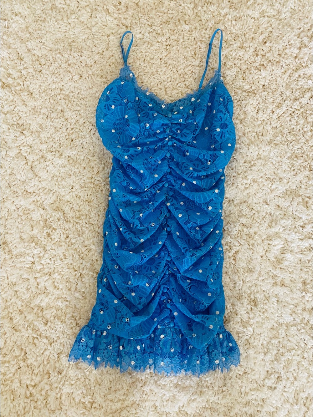 For Love and Lemons Samira Blue with White Polka Dot Lace Ruched Mini Dress - Picture 2 of 5